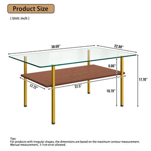 English Elm Modern Two-Tier Tempered Glass Coffee Table with Metal Legs and MDF Shelf Gold W241P486697