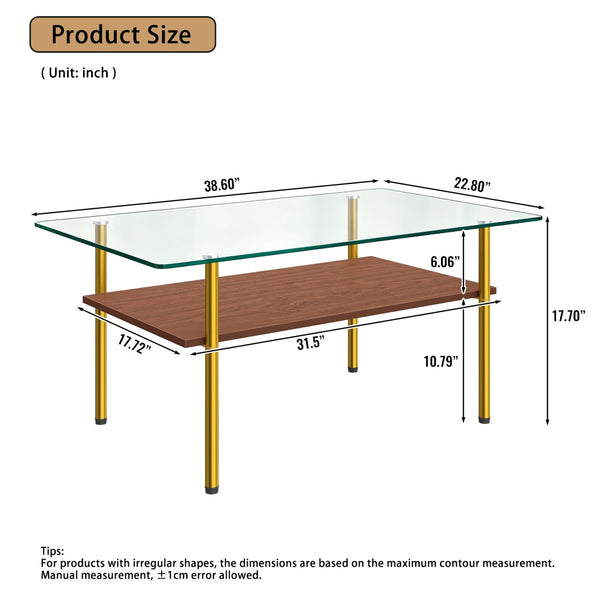 English Elm Modern Two-Tier Tempered Glass Coffee Table with Metal Legs and MDF Shelf Gold W241P486697