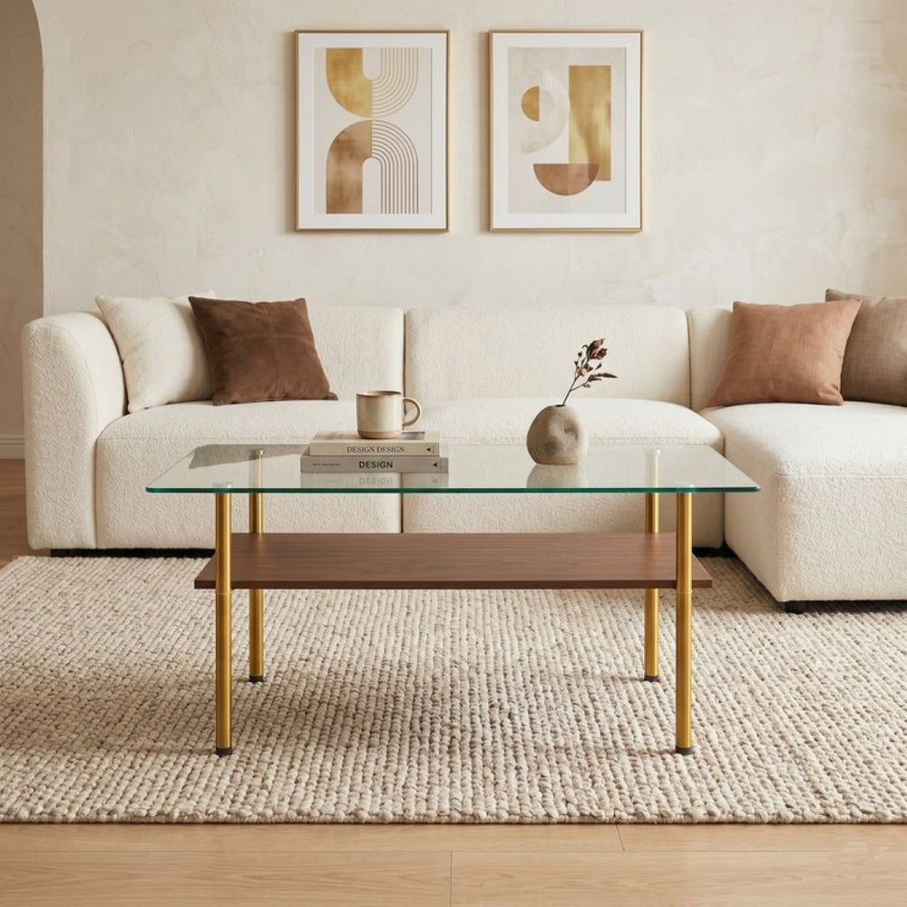 English Elm Modern Two-Tier Tempered Glass Coffee Table with Metal Legs and MDF Shelf Gold W241P486697