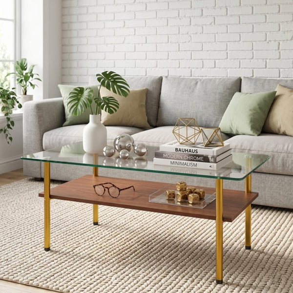 English Elm Modern Two-Tier Tempered Glass Coffee Table with Metal Legs and MDF Shelf Gold W241P486697