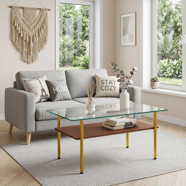 English Elm Modern Two-Tier Tempered Glass Coffee Table with Metal Legs and MDF Shelf Gold W241P486697