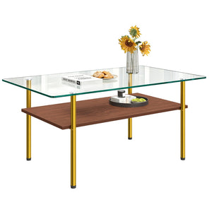 English Elm Modern Two-Tier Tempered Glass Coffee Table with Metal Legs and MDF Shelf Gold W241P486697