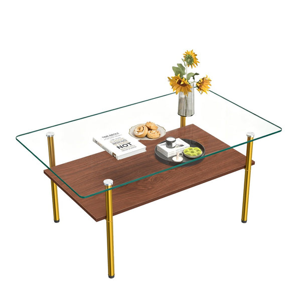 English Elm Modern Two-Tier Tempered Glass Coffee Table with Metal Legs and MDF Shelf Gold W241P486697
