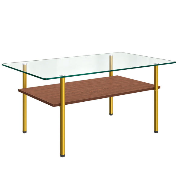 English Elm Modern Two-Tier Tempered Glass Coffee Table with Metal Legs and MDF Shelf Gold W241P486697