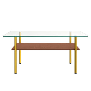 English Elm Modern Two-Tier Tempered Glass Coffee Table with Metal Legs and MDF Shelf Gold W241P486697