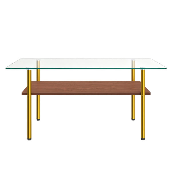 English Elm Modern Two-Tier Tempered Glass Coffee Table with Metal Legs and MDF Shelf Gold W241P486697