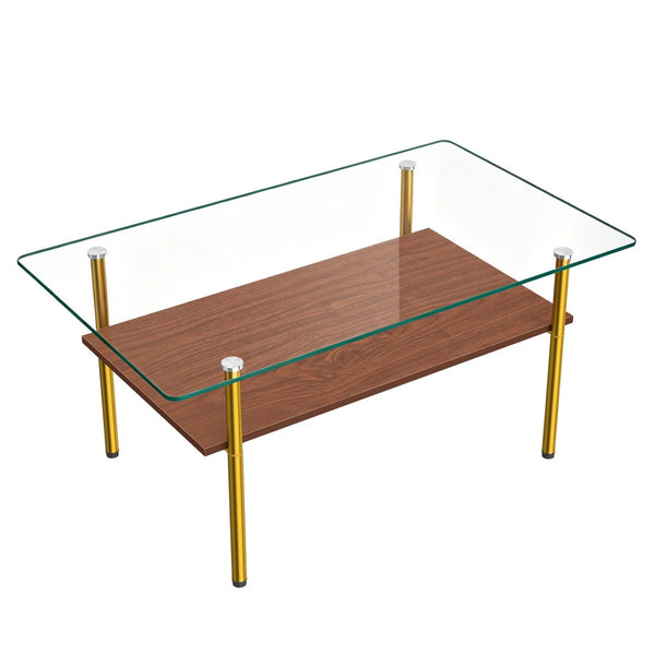 English Elm Modern Two-Tier Tempered Glass Coffee Table with Metal Legs and MDF Shelf Gold W241P486697