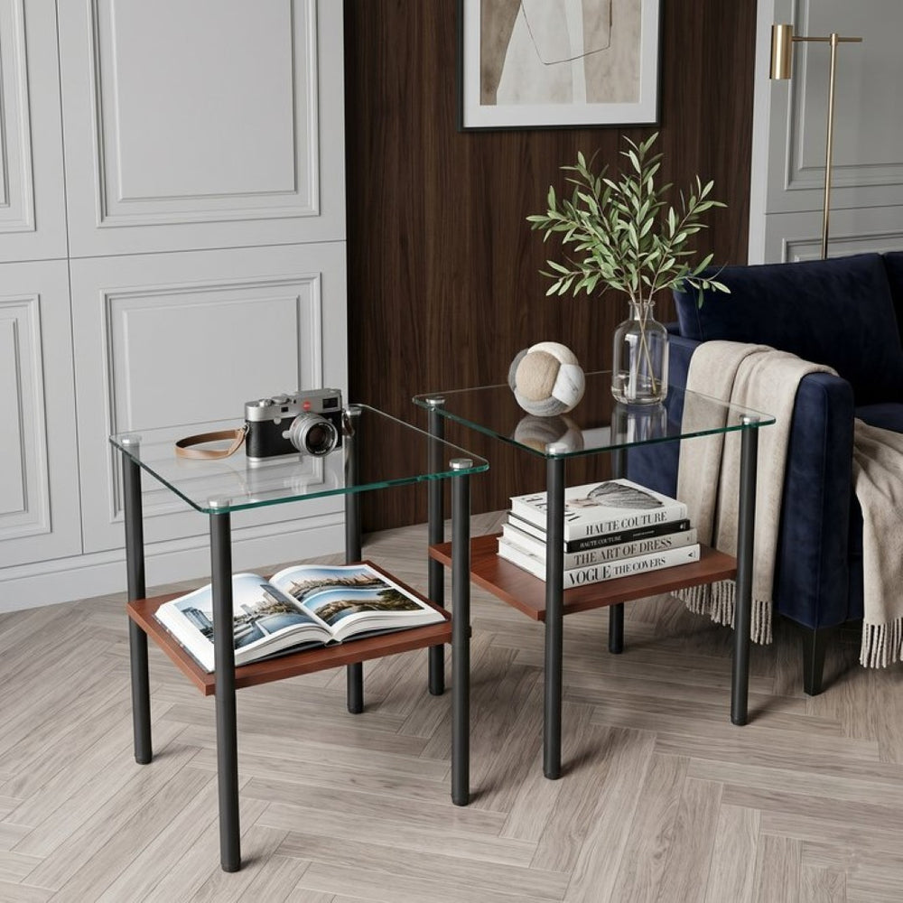 English Elm 2-Piece Modern Tempered Glass End Tables with MDF Shelf and Sleek Metal Frame Black W241P486699