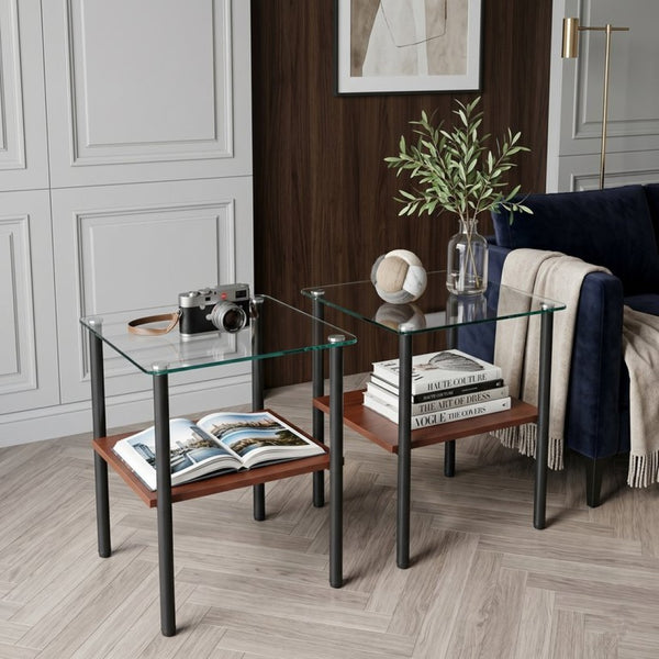 English Elm 2-Piece Modern Tempered Glass End Tables with MDF Shelf and Sleek Metal Frame Black W241P486699