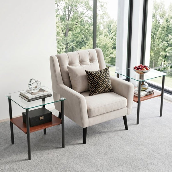 English Elm 2-Piece Modern Tempered Glass End Tables with MDF Shelf and Sleek Metal Frame Black W241P486699