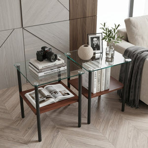 English Elm 2-Piece Modern Tempered Glass End Tables with MDF Shelf and Sleek Metal Frame Black W241P486699