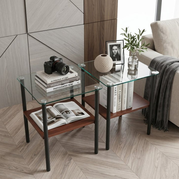English Elm 2-Piece Modern Tempered Glass End Tables with MDF Shelf and Sleek Metal Frame Black W241P486699