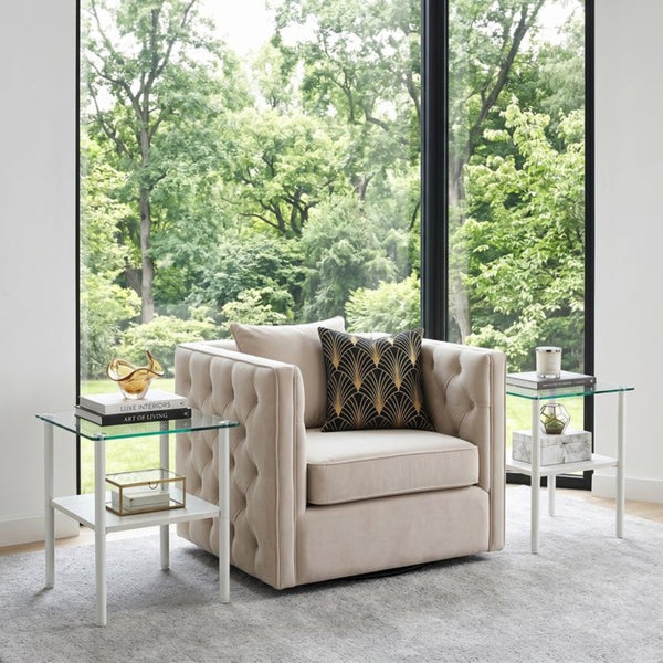English Elm 2-Piece Modern Tempered Glass End Tables with MDF Shelf and Sleek Metal Frame White W241P486700