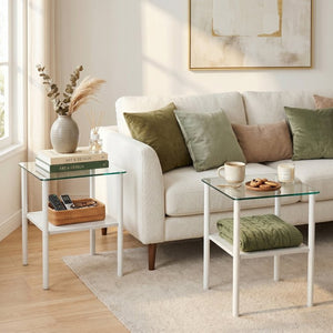English Elm 2-Piece Modern Tempered Glass End Tables with MDF Shelf and Sleek Metal Frame White W241P486700