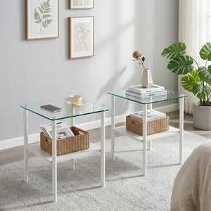 English Elm 2-Piece Modern Tempered Glass End Tables with MDF Shelf and Sleek Metal Frame White W241P486700