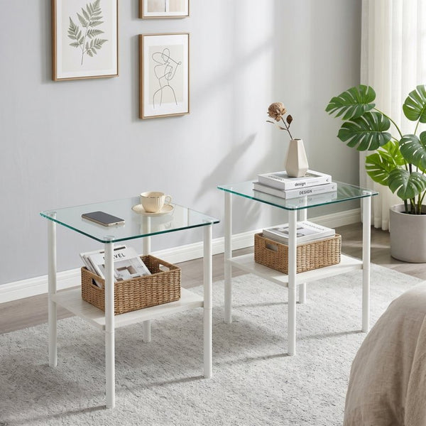 English Elm 2-Piece Modern Tempered Glass End Tables with MDF Shelf and Sleek Metal Frame White W241P486700