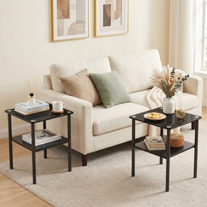 English Elm 2-Piece Minimalist Glass Top Side Tables with MDF Shelf and Sleek Metal Legs Black W241P486701