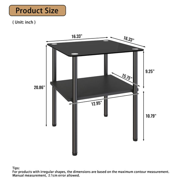 English Elm 2-Piece Minimalist Glass Top Side Tables with MDF Shelf and Sleek Metal Legs Black W241P486701
