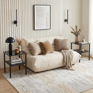 English Elm 2-Piece Minimalist Glass Top Side Tables with MDF Shelf and Sleek Metal Legs Black W241P486701