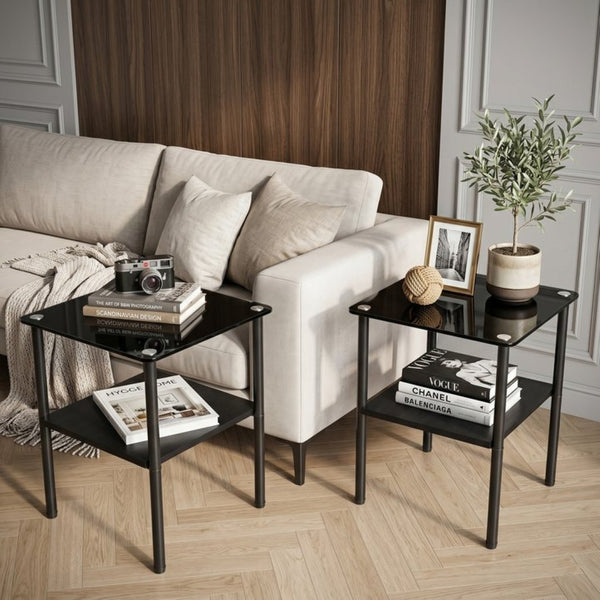 English Elm 2-Piece Minimalist Glass Top Side Tables with MDF Shelf and Sleek Metal Legs Black W241P486701