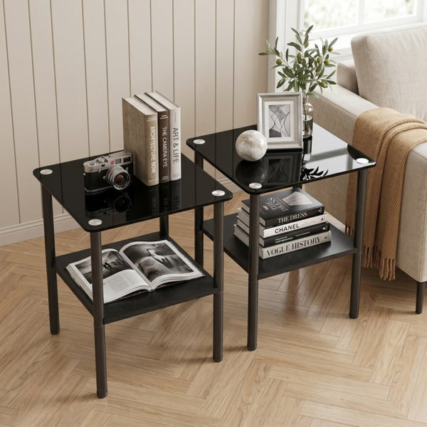 English Elm 2-Piece Minimalist Glass Top Side Tables with MDF Shelf and Sleek Metal Legs Black W241P486701