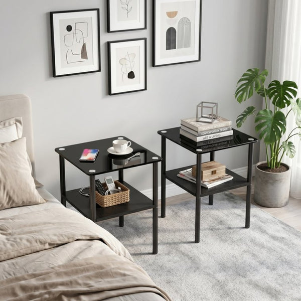 English Elm 2-Piece Minimalist Glass Top Side Tables with MDF Shelf and Sleek Metal Legs Black W241P486701