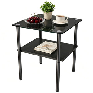 English Elm 2-Piece Minimalist Glass Top Side Tables with MDF Shelf and Sleek Metal Legs Black W241P486701