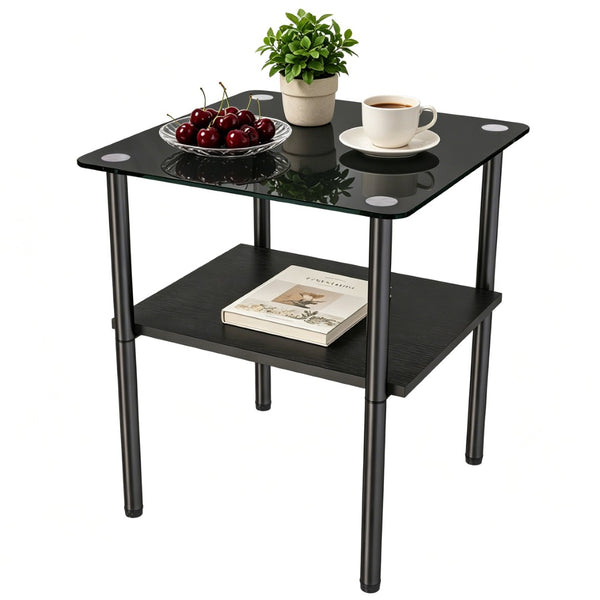 English Elm 2-Piece Minimalist Glass Top Side Tables with MDF Shelf and Sleek Metal Legs Black W241P486701