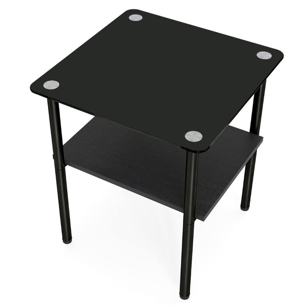 English Elm 2-Piece Minimalist Glass Top Side Tables with MDF Shelf and Sleek Metal Legs Black W241P486701