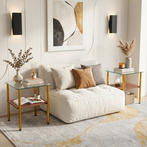 English Elm 2-Piece Minimalist Glass Top Side Tables with MDF Shelf and Sleek Metal Legs Gold+Clear W241P486702