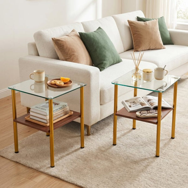 English Elm 2-Piece Minimalist Glass Top Side Tables with MDF Shelf and Sleek Metal Legs Gold+Clear W241P486702