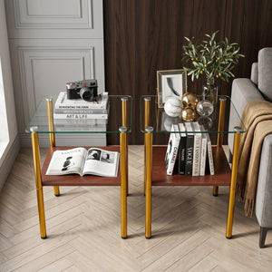 English Elm 2-Piece Minimalist Glass Top Side Tables with MDF Shelf and Sleek Metal Legs Gold+Clear W241P486702
