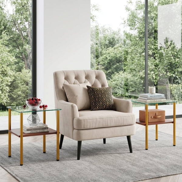 English Elm 2-Piece Minimalist Glass Top Side Tables with MDF Shelf and Sleek Metal Legs Gold+Clear W241P486702