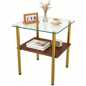 English Elm 2-Piece Minimalist Glass Top Side Tables with MDF Shelf and Sleek Metal Legs Gold+Clear W241P486702