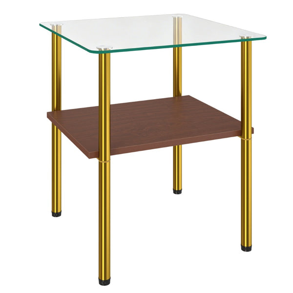 English Elm 2-Piece Minimalist Glass Top Side Tables with MDF Shelf and Sleek Metal Legs Gold+Clear W241P486702