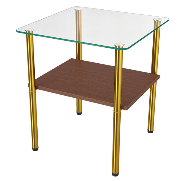 English Elm 2-Piece Minimalist Glass Top Side Tables with MDF Shelf and Sleek Metal Legs Gold+Clear W241P486702