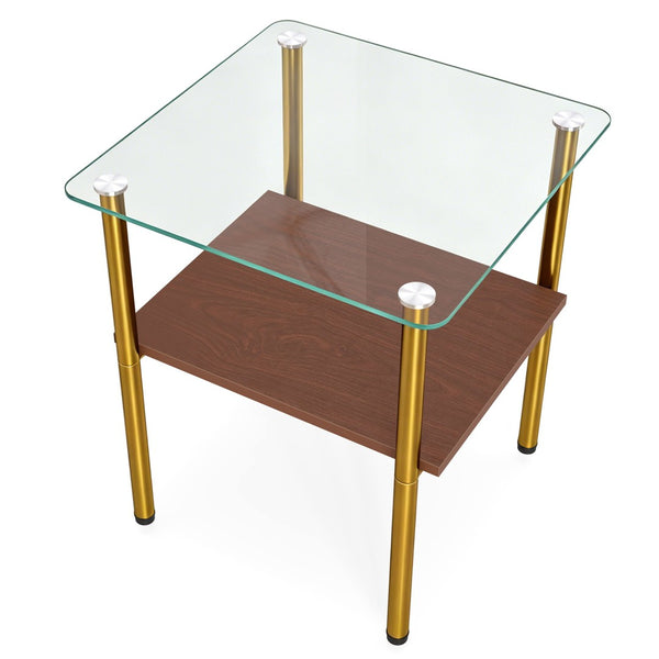 English Elm 2-Piece Minimalist Glass Top Side Tables with MDF Shelf and Sleek Metal Legs Gold+Clear W241P486702