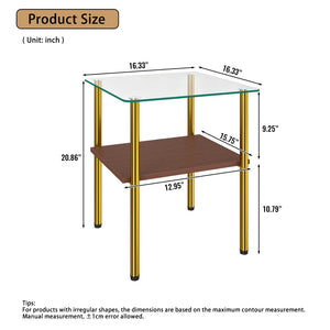 English Elm 2-Piece Minimalist Glass Top Side Tables with MDF Shelf and Sleek Metal Legs Gold+Clear W241P486702