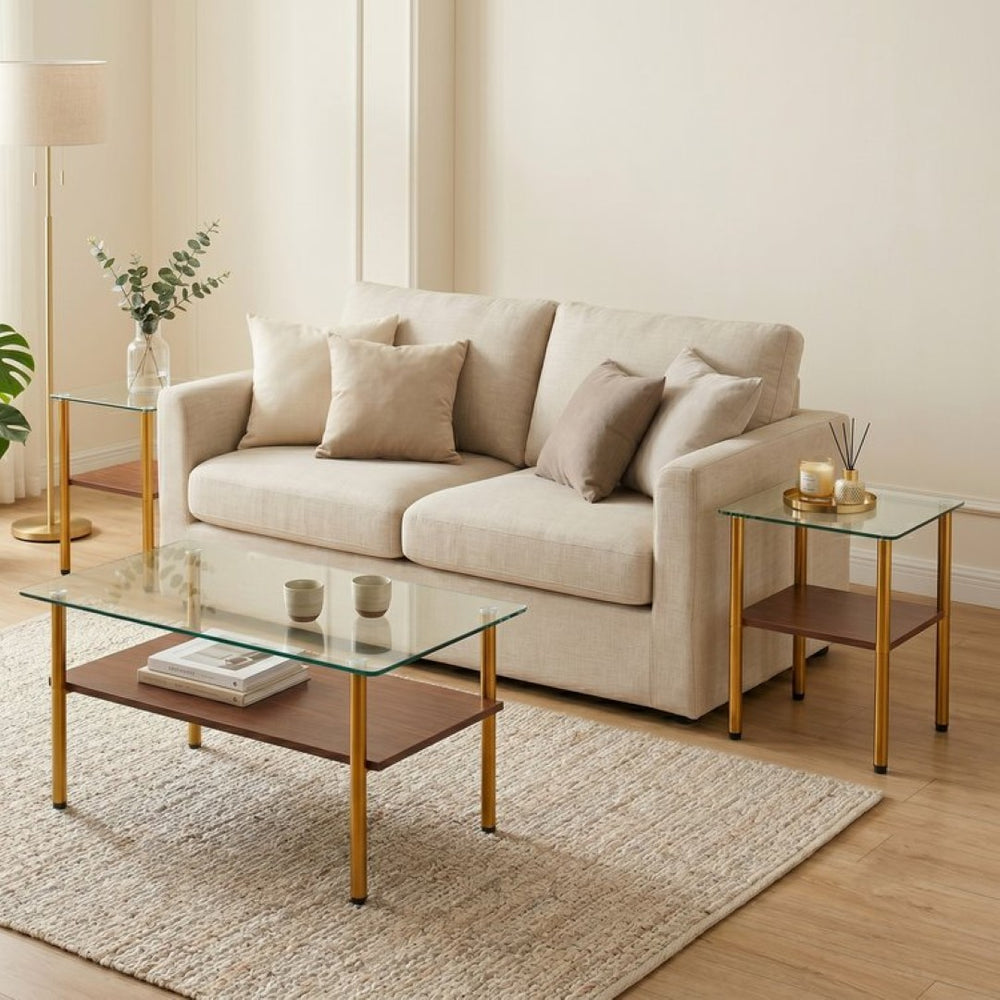 English Elm Coffee Table Set of 3 with Tempered Glass Top and Metal Legs for Modern Living Rooms Gold W241S00067