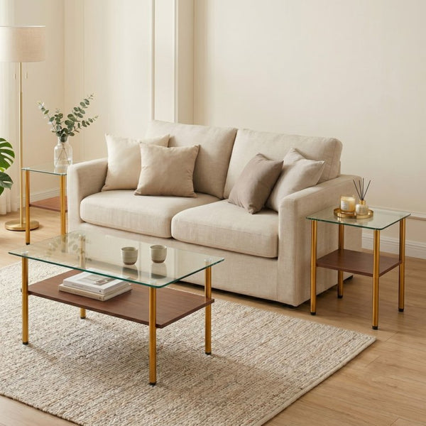 English Elm Coffee Table Set of 3 with Tempered Glass Top and Metal Legs for Modern Living Rooms Gold W241S00067
