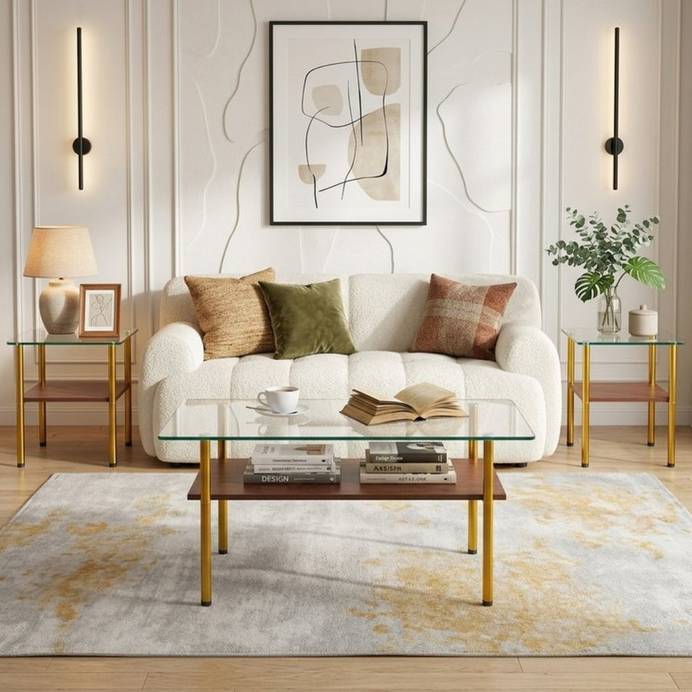 English Elm Coffee Table Set of 3 with Tempered Glass Top and Metal Legs for Modern Living Rooms Gold W241S00067