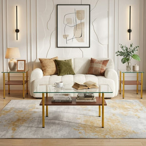 English Elm Coffee Table Set of 3 with Tempered Glass Top and Metal Legs for Modern Living Rooms Gold W241S00067