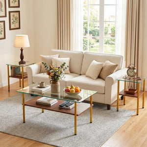 English Elm Coffee Table Set of 3 with Tempered Glass Top and Metal Legs for Modern Living Rooms Gold W241S00067