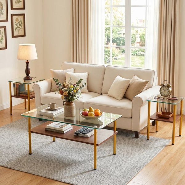 English Elm Coffee Table Set of 3 with Tempered Glass Top and Metal Legs for Modern Living Rooms Gold W241S00067