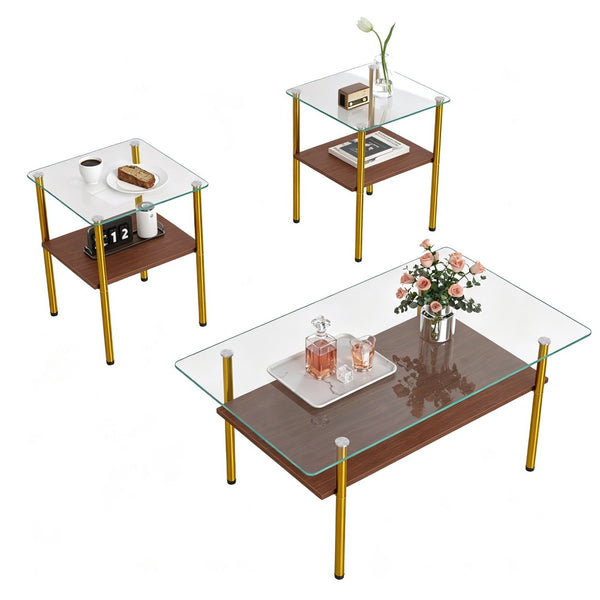 English Elm Coffee Table Set of 3 with Tempered Glass Top and Metal Legs for Modern Living Rooms Gold W241S00067