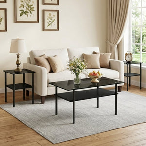 English Elm Coffee Table Set of 3 with Tempered Glass Top and Metal Legs for Modern Living Rooms Black W241S00068