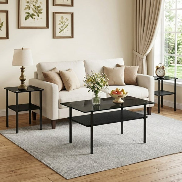 English Elm Coffee Table Set of 3 with Tempered Glass Top and Metal Legs for Modern Living Rooms Black W241S00068