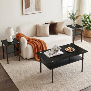 English Elm Coffee Table Set of 3 with Tempered Glass Top and Metal Legs for Modern Living Rooms Black W241S00068