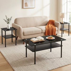 English Elm Coffee Table Set of 3 with Tempered Glass Top and Metal Legs for Modern Living Rooms Black W241S00068