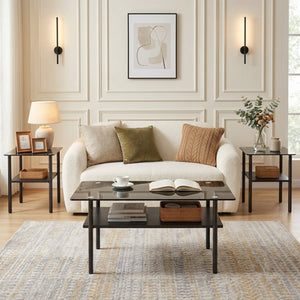 English Elm Coffee Table Set of 3 with Tempered Glass Top and Metal Legs for Modern Living Rooms Black W241S00068